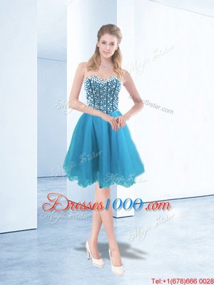 Sleeveless Organza Knee Length Lace Up Pageant Dress for Womens in Blue for with Beading