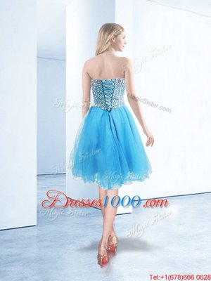 Sleeveless Organza Knee Length Lace Up Pageant Dress for Womens in Blue for with Beading