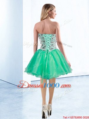 Customized Turquoise Lace Up Cocktail Dresses Beading Sleeveless Knee Length