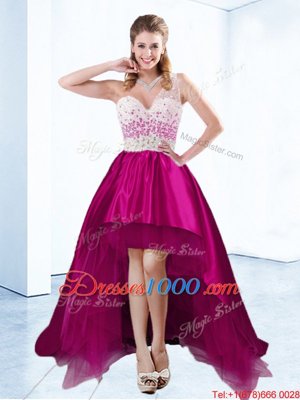 High Low Criss Cross Custom Made Pageant Dress Fuchsia and In for Prom and Party with Beading