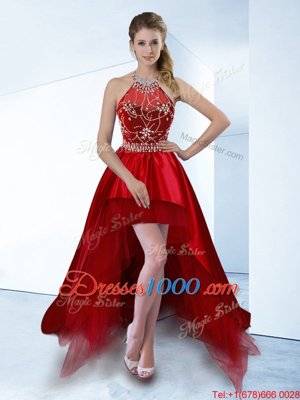 Red Zipper Halter Top Beading Cocktail Dresses Satin Sleeveless