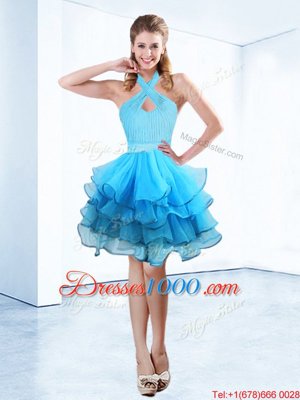 Ball Gowns Custom Made Pageant Dress Baby Blue Halter Top Organza Sleeveless Floor Length Zipper