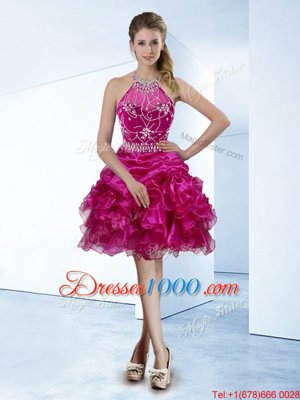 Fantastic Halter Top Fuchsia Zipper Pageant Dresses Beading and Ruffles and Pick Ups Sleeveless Knee Length
