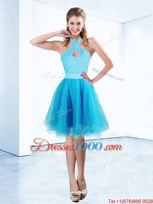Free and Easy Halter Top Aqua Blue Organza Zipper Cocktail Dress Sleeveless Knee Length Ruching and Belt