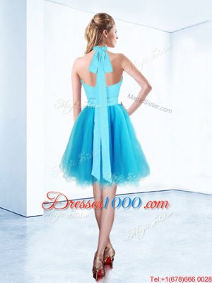 Free and Easy Halter Top Aqua Blue Organza Zipper Cocktail Dress Sleeveless Knee Length Ruching and Belt