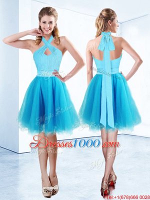 Free and Easy Halter Top Aqua Blue Organza Zipper Cocktail Dress Sleeveless Knee Length Ruching and Belt