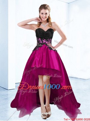 Amazing Sweetheart Sleeveless Cocktail Dresses High Low Appliques Fuchsia Satin