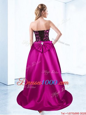 Amazing Sweetheart Sleeveless Cocktail Dresses High Low Appliques Fuchsia Satin