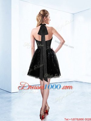 Unique Halter Top Sleeveless Pageant Dresses Knee Length Sequins and Belt Black Tulle