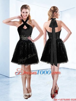 Unique Halter Top Sleeveless Pageant Dresses Knee Length Sequins and Belt Black Tulle