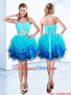 Classical Sweetheart Sleeveless Pageant Dress Wholesale Knee Length Beading and Ruffles and Ruching Blue Organza