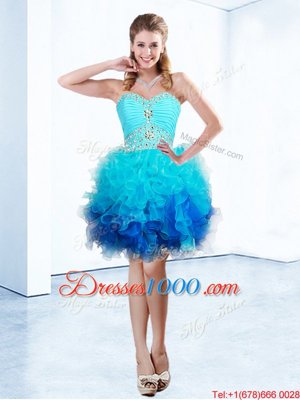 Classical Sweetheart Sleeveless Pageant Dress Wholesale Knee Length Beading and Ruffles and Ruching Blue Organza