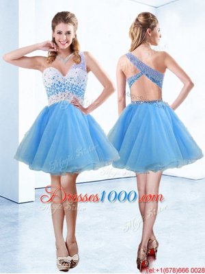 High Quality Baby Blue Pageant Dress Prom and Party and For with Beading One Shoulder Sleeveless Criss Cross