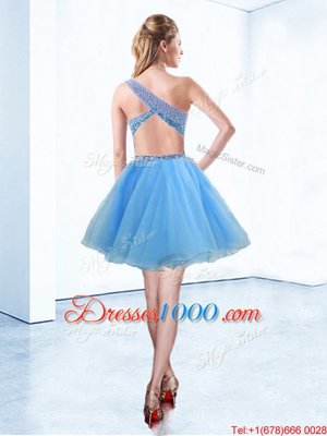 High Quality Baby Blue Pageant Dress Prom and Party and For with Beading One Shoulder Sleeveless Criss Cross