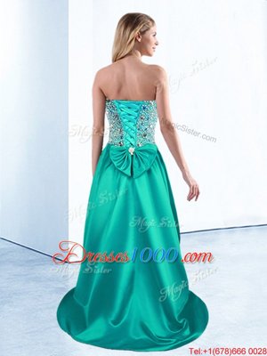 High Low Lace Up Cocktail Dresses Teal and In for Prom and Party with Beading and Bowknot