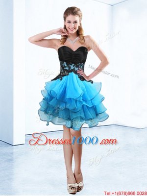 Popular Sweetheart Sleeveless Pageant Dress Toddler Mini Length Ruffled Layers Blue And Black Organza