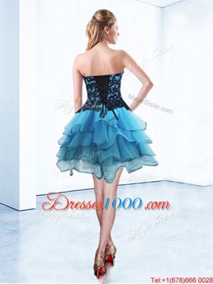 Popular Sweetheart Sleeveless Pageant Dress Toddler Mini Length Ruffled Layers Blue And Black Organza