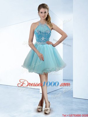 Gorgeous Halter Top Sleeveless Knee Length Beading Zipper Cocktail Dresses with Light Blue