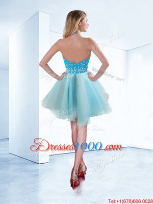 Gorgeous Halter Top Sleeveless Knee Length Beading Zipper Cocktail Dresses with Light Blue