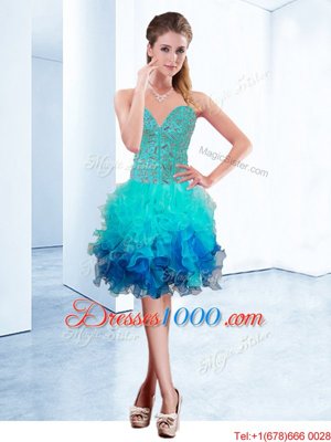 Dazzling Knee Length Aqua Blue Glitz Pageant Dress Organza Sleeveless Ruffles