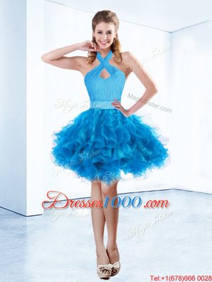 Halter Top Sleeveless Mini Length Ruching and Belt Zipper Pageant Dresses with Baby Blue