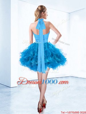 Halter Top Sleeveless Mini Length Ruching and Belt Zipper Pageant Dresses with Baby Blue