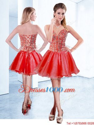 Unique Red Sleeveless Beading Mini Length Cocktail Dresses