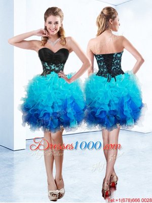 Lovely Blue Sleeveless Mini Length Ruffles Lace Up Pageant Dress for Teens