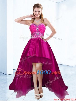 Perfect Fuchsia Sleeveless With Train Beading and Ruching Lace Up Pageant Dress for Womens