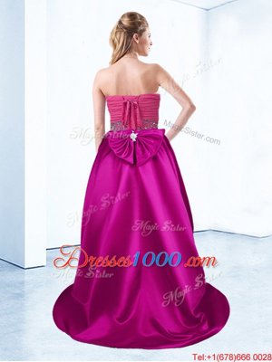 Perfect Fuchsia Sleeveless With Train Beading and Ruching Lace Up Pageant Dress for Womens