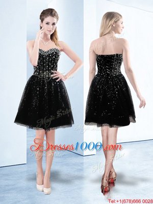 High Quality Black Tulle Lace Up Cocktail Dresses Sleeveless Knee Length Beading and Sequins