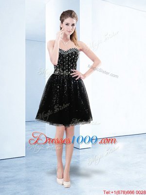 High Quality Black Tulle Lace Up Cocktail Dresses Sleeveless Knee Length Beading and Sequins