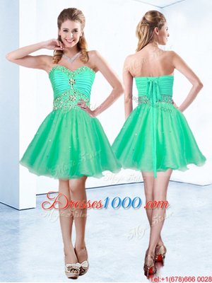 Turquoise A-line Beading and Ruching Club Wear Lace Up Organza Sleeveless Mini Length