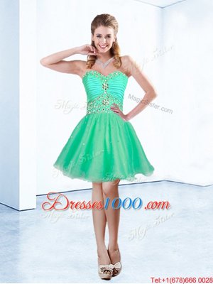 Turquoise A-line Beading and Ruching Club Wear Lace Up Organza Sleeveless Mini Length