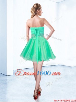 Turquoise A-line Beading and Ruching Club Wear Lace Up Organza Sleeveless Mini Length