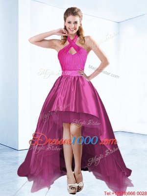 Classical Halter Top Satin Sleeveless High Low High School Pageant Dress and Ruching and Bowknot and Belt