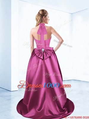 Classical Halter Top Satin Sleeveless High Low High School Pageant Dress and Ruching and Bowknot and Belt