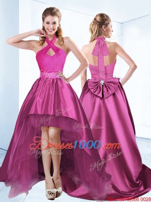 Classical Halter Top Satin Sleeveless High Low High School Pageant Dress and Ruching and Bowknot and Belt