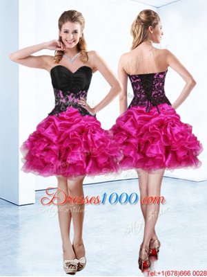 Spectacular Fuchsia Pageant Dress Prom and Party and For with Beading and Ruffles and Pick Ups Sweetheart Sleeveless Lace Up
