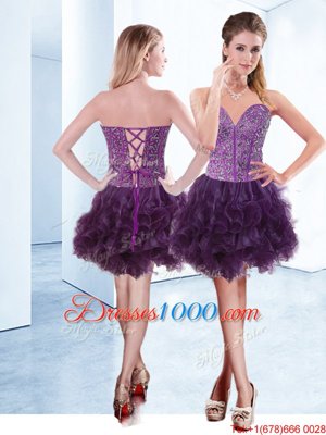 V-neck Sleeveless Pageant Gowns Mini Length Beading Purple Organza