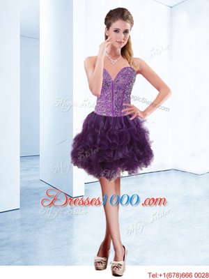 V-neck Sleeveless Pageant Gowns Mini Length Beading Purple Organza