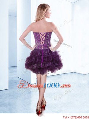 V-neck Sleeveless Pageant Gowns Mini Length Beading Purple Organza