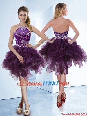 Modest Dark Purple Halter Top Zipper Beading Pageant Dress for Womens Sleeveless