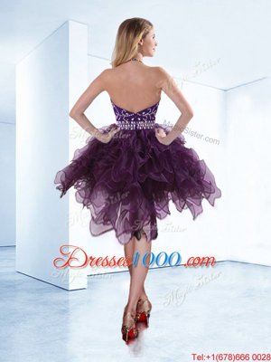 Modest Dark Purple Halter Top Zipper Beading Pageant Dress for Womens Sleeveless