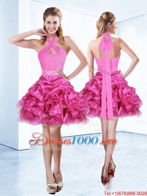 Attractive Halter Top Mini Length Zipper High School Pageant Dress Hot Pink and In for Prom and Party with Ruffles and Ruching and Belt