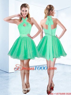 Turquoise Zipper Halter Top Ruching and Belt Evening Gowns Organza Sleeveless