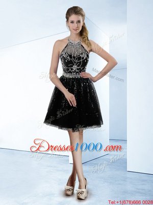 Sophisticated Halter Top Black A-line Beading Cocktail Dresses Zipper Tulle Sleeveless Knee Length