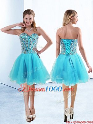 New Arrival Knee Length Lace Up Glitz Pageant Dress Aqua Blue and In for Prom and Party with Beading