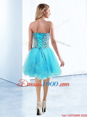 New Arrival Knee Length Lace Up Glitz Pageant Dress Aqua Blue and In for Prom and Party with Beading
