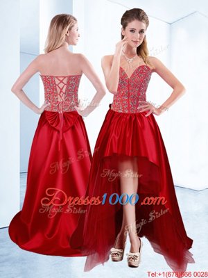 Dynamic Wine Red A-line Beading Cocktail Dresses Lace Up Satin Sleeveless High Low